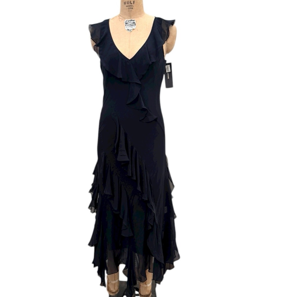 NWT DKNY Silk Dress Women's Navy Ruffles Slip  V Neck Chiffon Sz 8